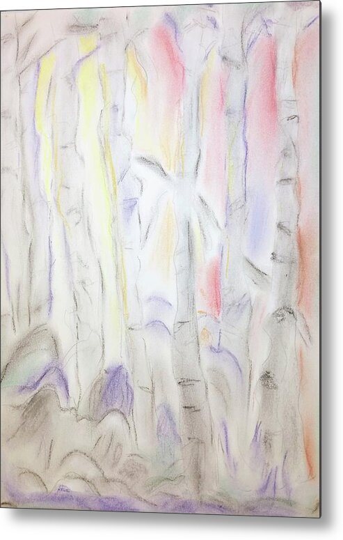 Birch Tree Metal Print featuring the pastel Birch Forest Nearing Sunset by Suzanne Berthier