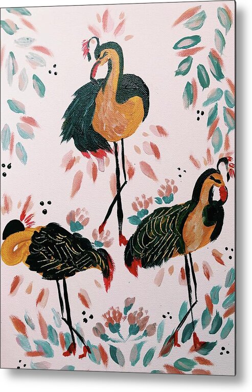Fun Birds Floral Unique Funky Metal Print featuring the painting Birds that do not fly commercial by Meredith Palmer