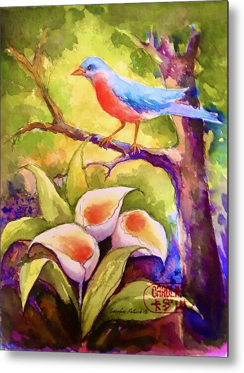 Blue Bird Speaking Metal Print featuring the painting Blue Bird whispers by Caroline Patrick