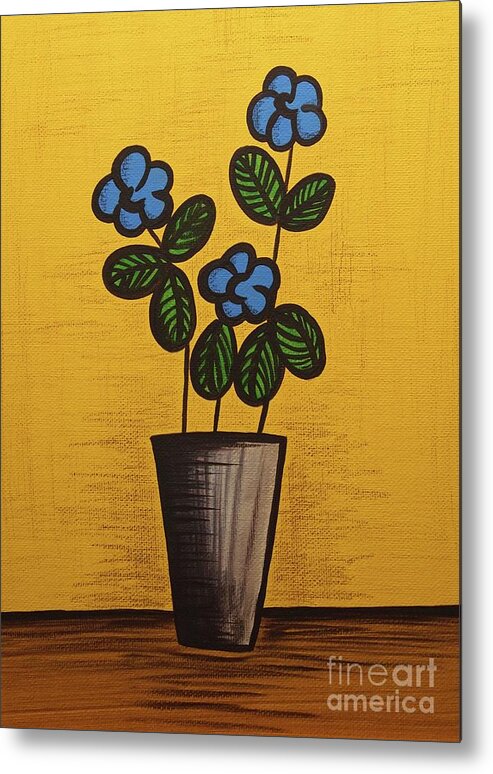 Mid Century Modern Metal Print featuring the mixed media Blue Flower Still Life Painting by Donna Mibus