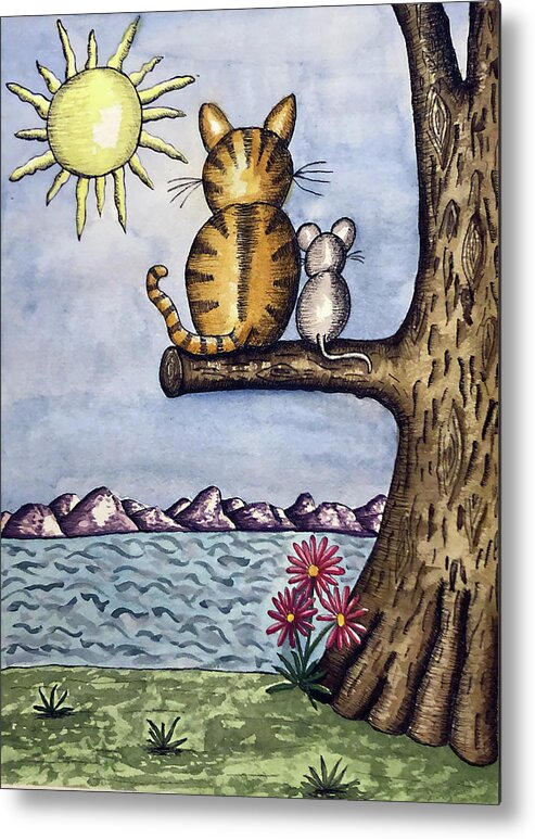 Childrens Art Metal Print featuring the painting Cat Mouse Sun by Christina Wedberg