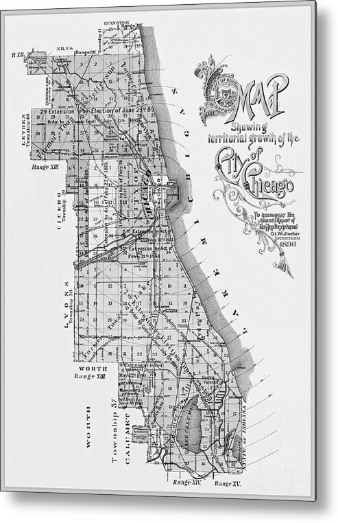 Chicago Metal Print featuring the photograph City of Chicago Antique Map 1896 Black and White by Carol Japp
