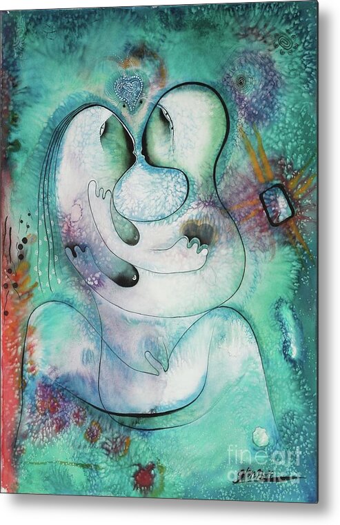 #cosmiclovers2 #lovers #watercolor #watercolorpainting #cosmicart #loversart #icon #iconseries #mysticart #symbolicart #glenneff #thesoundpoetsmusic #picturerockstudio Metal Print featuring the painting Cosmic Lovers 2 by Glen Neff