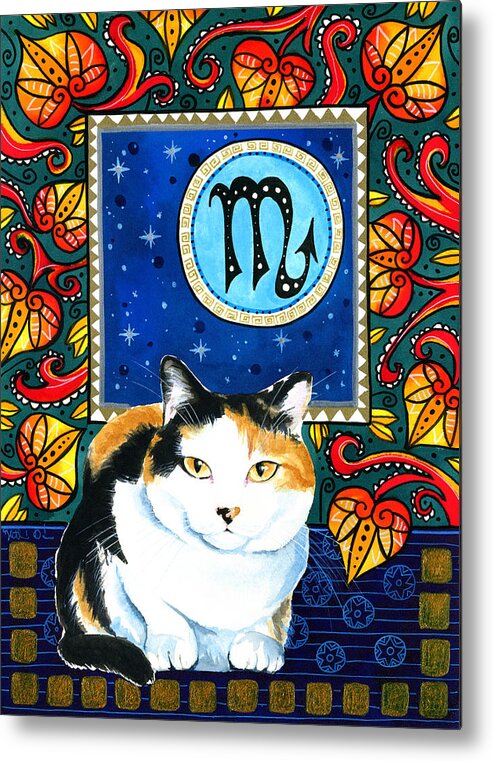 Cat Metal Print featuring the painting Eleanor with Scorpio Cat Zodiac Sign by Dora Hathazi Mendes