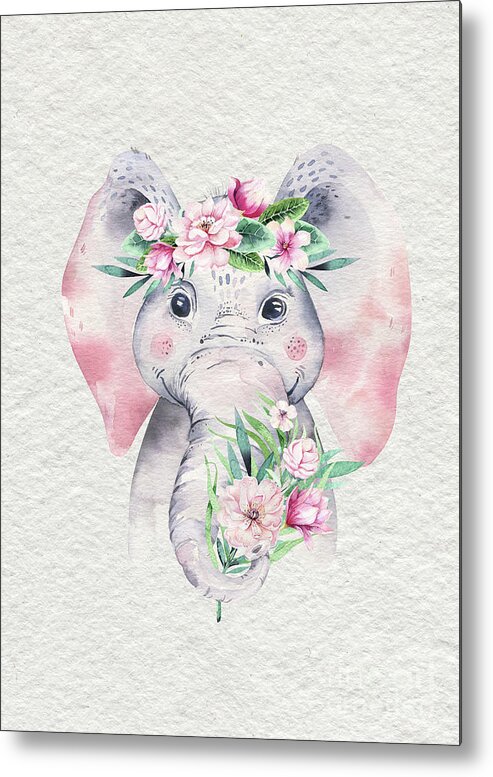 Elephant Metal Print featuring the painting Elephant With Flowers by Nursery Art