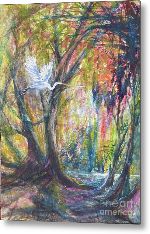 Heron Louisiana Landscape Bird Metal Print featuring the painting Enchanted flight by Francelle Theriot