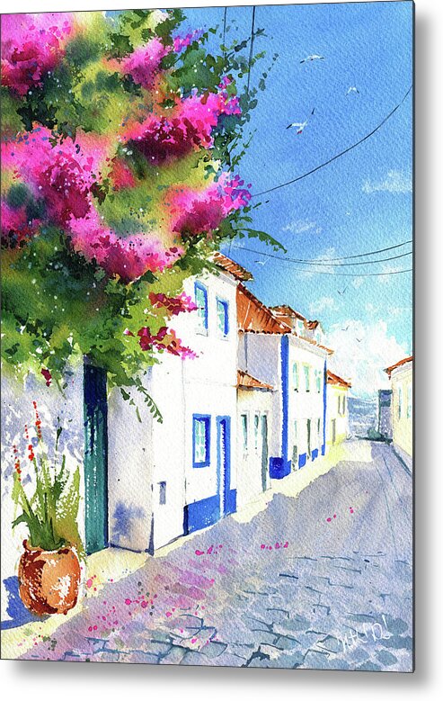 Ericeira Metal Print featuring the painting Ericeira Street With Bougainvillea by Dora Hathazi Mendes