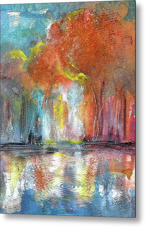 Orange Metal Print featuring the painting Fall On The Pond Landscape by Lisa Kaiser