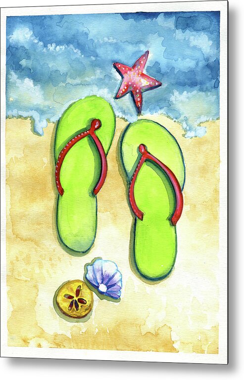 Walking On The Beach Metal Print featuring the painting Flip Flops on the Beach by Michele Fritz