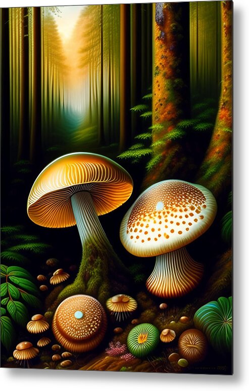 Illustration Metal Print featuring the digital art Forest Mushrooms by Lori Hutchison