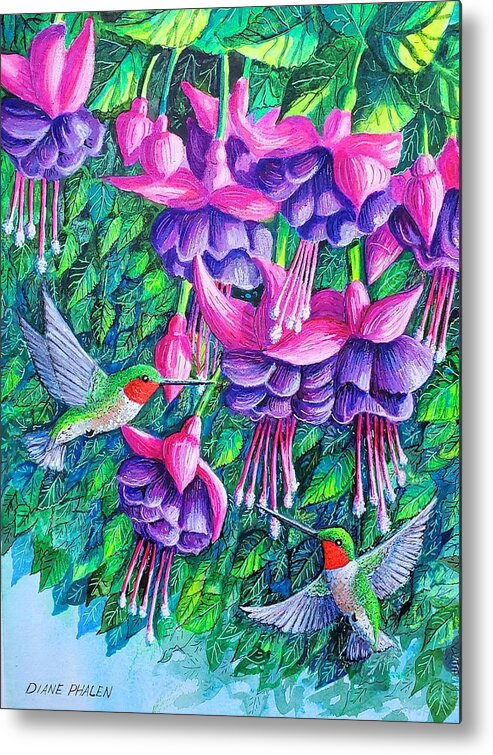 Fuchsia. Hummingbirds Metal Print featuring the painting Fuchsia Frolic by Diane Phalen