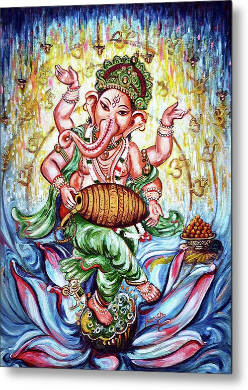 Ganesha Metal Print featuring the painting Ganesha Dancing and Playing Mridang by Harsh Malik