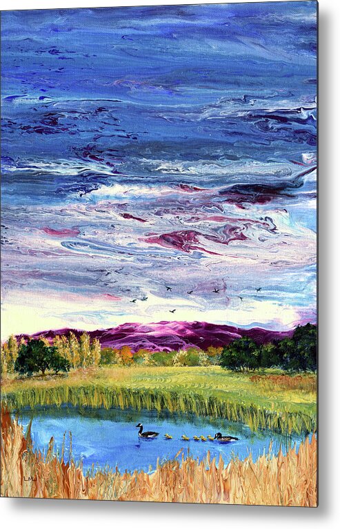Wetlands Metal Print featuring the painting Geese and Goslings Out for a Swim by Laura Iverson