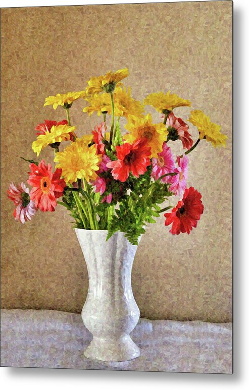 Flower Metal Print featuring the digital art Gerbera Daisy Flowers in Vase Portrait by Gaby Ethington