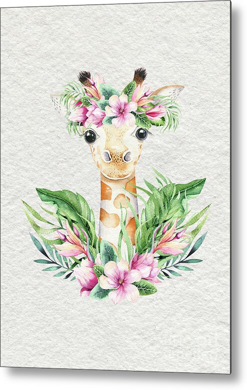 Giraffe Metal Print featuring the painting Giraffe With Flowers by Nursery Art