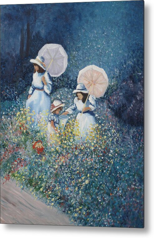 Floral Metal Print featuring the painting Girls in Wildflowers by Barbara McDevitt