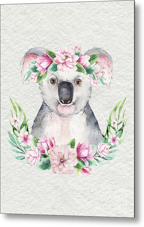 Koala Metal Print featuring the painting Koala With Flowers by Nursery Art