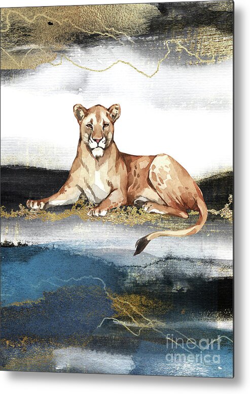 Lioness Metal Print featuring the painting Lioness Watercolor Animal Art Painting by Garden Of Delights