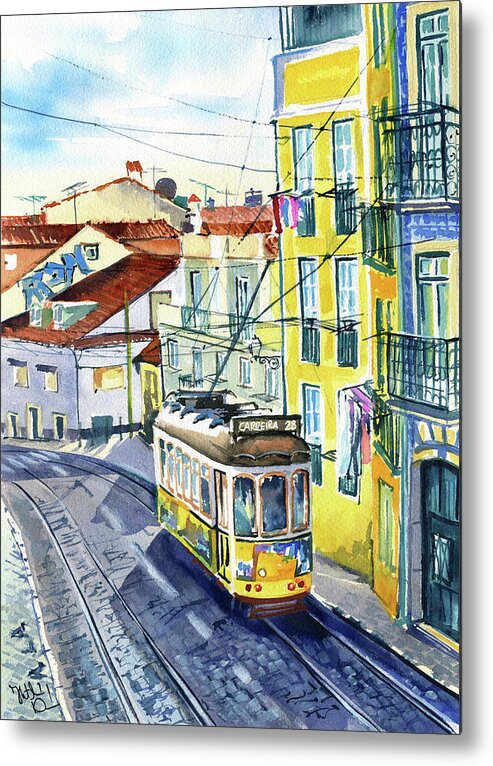 Lisbon Metal Print featuring the painting Lisbon Tram 28 Painting by Dora Hathazi Mendes