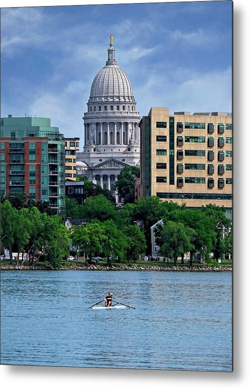 Madison Metal Print featuring the photograph Madison Capitol with Rower by Steven Ralser