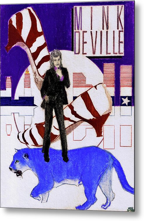 Willy Deville Metal Print featuring the drawing Mink DeVille - Le Chat Bleu by Sean Connolly