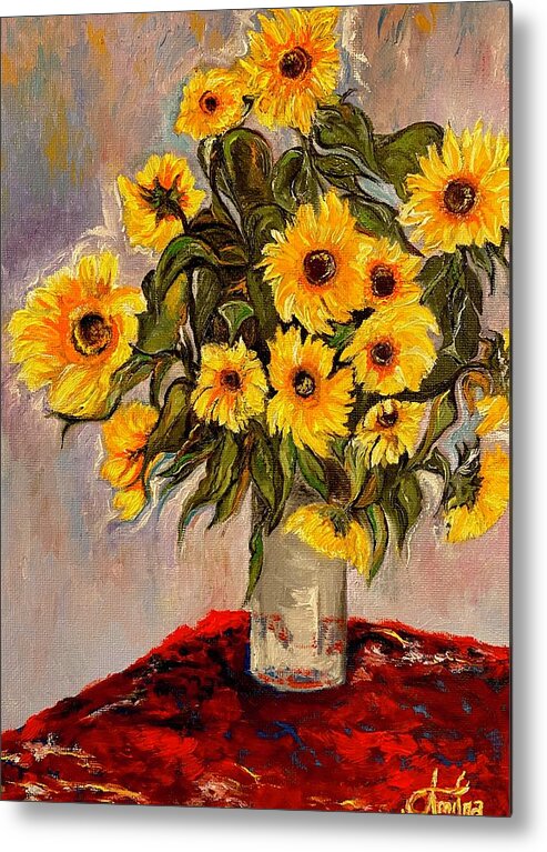 Sunflowers Metal Print featuring the painting Monets Sunflowers by Anitra by Anitra Handley-Boyt