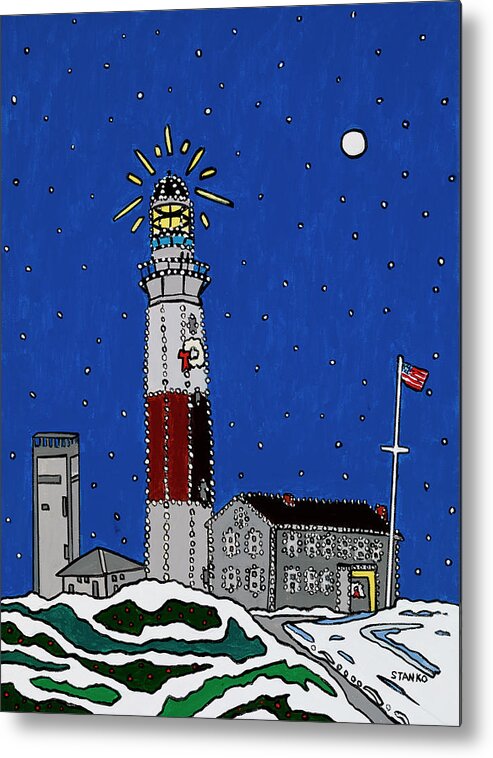 Montauk Lighthouse Christmas Metal Print featuring the painting Montauk Christmas Lights by Mike Stanko
