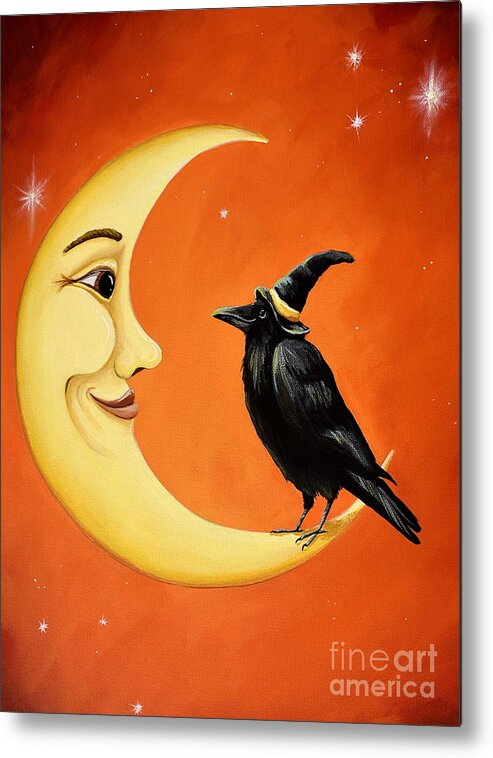 Moon Metal Print featuring the painting Moon And Crow  by Debbie Criswell