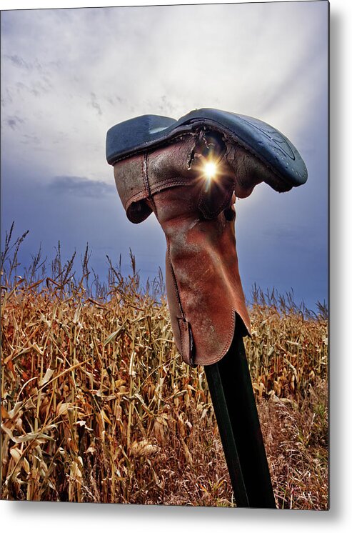 Boot Metal Print featuring the photograph Old Boot New Sol - weathered cowboy boot on post at ND corn field by Peter Herman