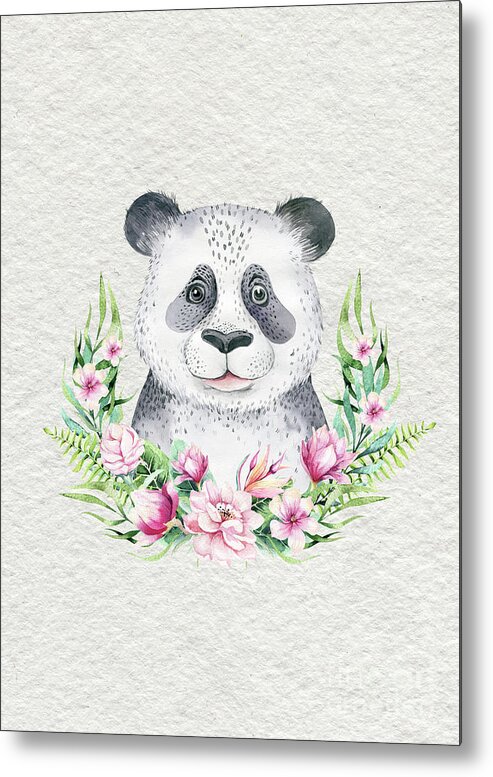 Panda Metal Print featuring the painting Panda Bear With Flowers by Nursery Art