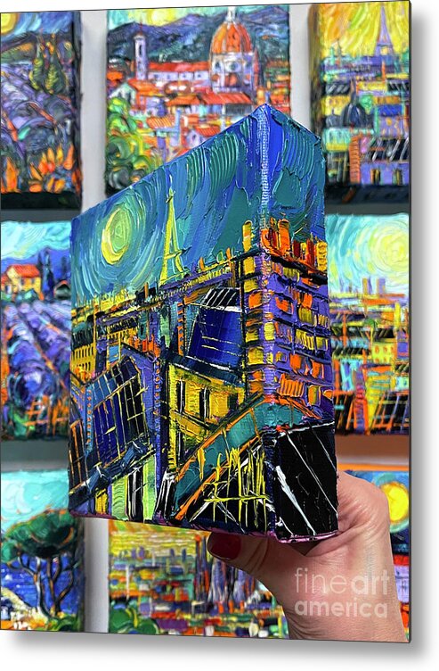 Paris Roofs By Moonlight Metal Print featuring the painting PARIS ROOFS BY MOONLIGHT - 3D canvas painted edges right side by Mona Edulesco