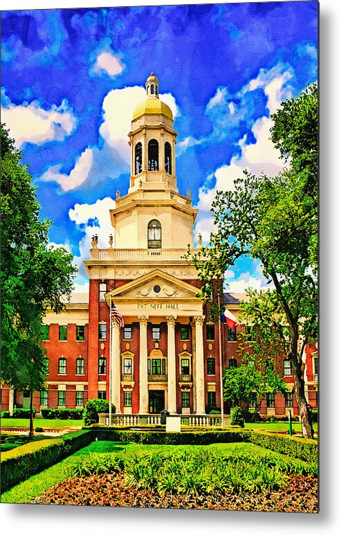 Pat Neff Hall Metal Print featuring the digital art Pat Neff Hall of the Baylor University in Waco, Texas - watercolor painting by Nicko Prints