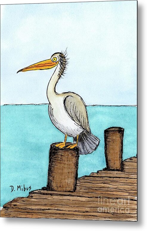 Coastal Bird Metal Print featuring the painting Pelican Perched on Pier by Donna Mibus