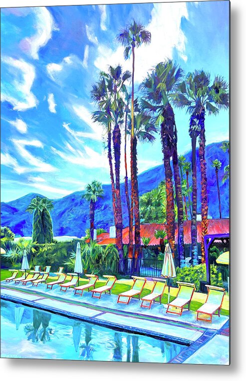 Palm Springs Metal Print featuring the painting Poolside in Palm SpringsPalm Springs, pool, poolside, blue, yellow, mountain, storm, palms, desert, by Bonnie Lambert