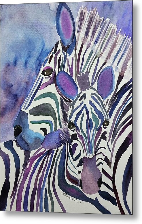 Zebras Metal Print featuring the painting Purple Zebras by Ann Frederick