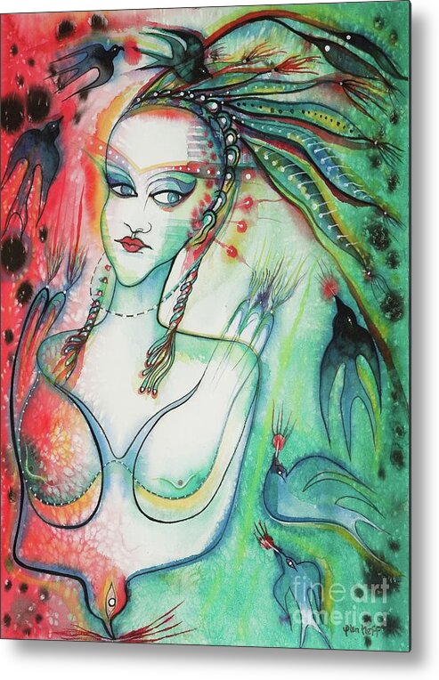 #ravengoddess #watercolor #watercolorpainting #symbolicart #mysticart #icon #iconseries #iconart #raven #goddess #glenneff #picturerockstudio #thesoundpoetsmusic Metal Print featuring the painting Raven Goddess by Glen Neff