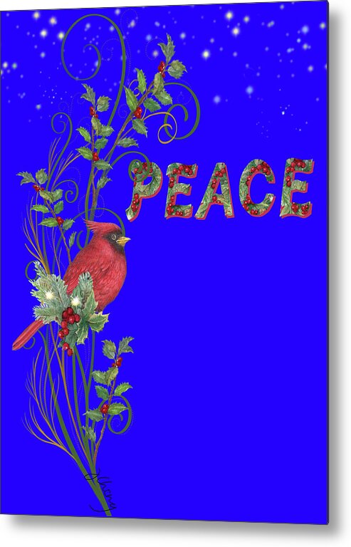 Festive Cardinal On Blue Metal Print featuring the painting Red Cardinal on Twinkling Blue by Judith Cheng