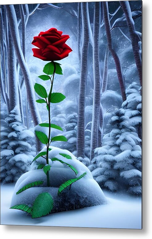 Digital Metal Print featuring the digital art Red Rose in the Snow by Beverly Read