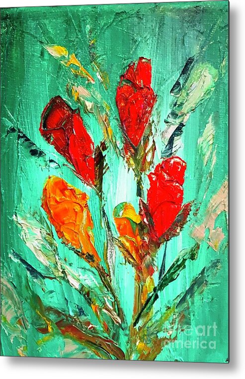 Red Rosebud Original Oil Painting Metal Print featuring the painting Red Rosebud Alla Prima Oil Painting by Catherine Ludwig Donleycott