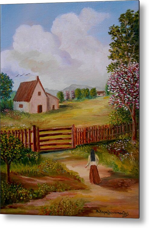 Oil Metal Print featuring the painting Return to farmhouse by Konstantinos Charalampopoulos