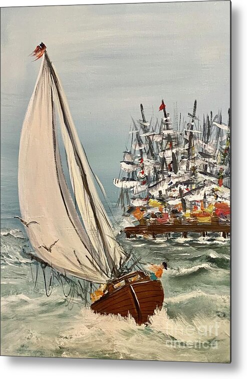 Miroslaw Chelchowski Acrylic Painting Print Sailing Boat Ocean Marina Boats Waves Seagull Sailors Wind Blue Sky Seascape Flag Colors Water Metal Print featuring the painting Sailing Boat by Miroslaw Chelchowski