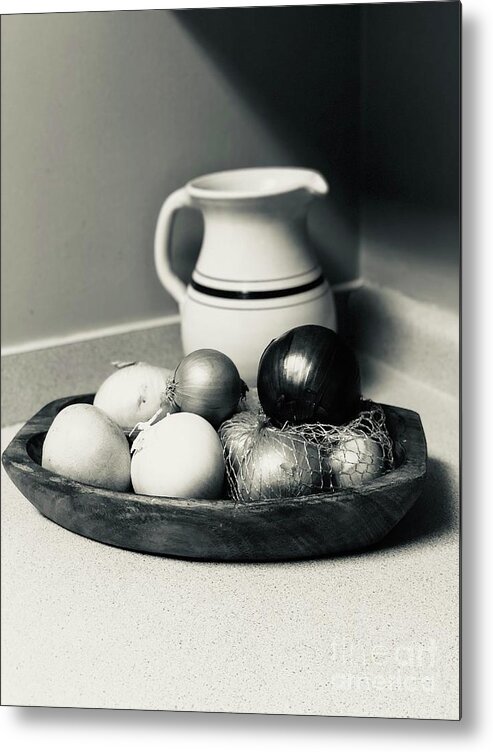 Onions Metal Print featuring the photograph Silver tone Still Life with Onions by Karen Francis