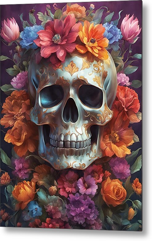 Skull Metal Print featuring the photograph Skull and Flowers by Cate Franklyn