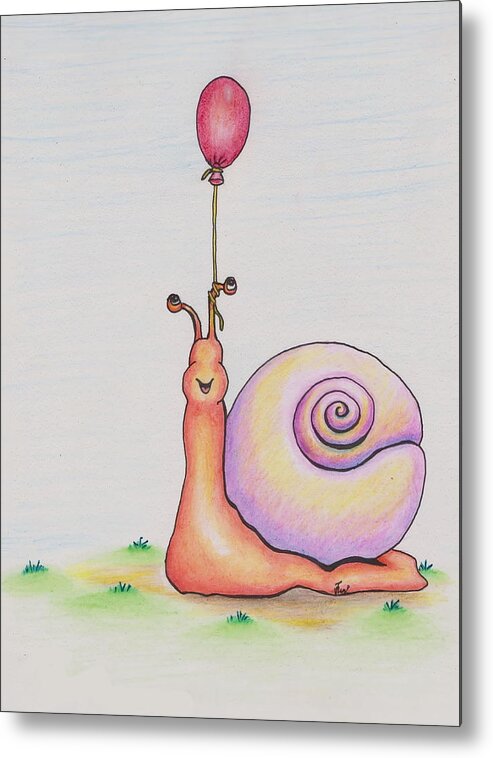 Snail Metal Print featuring the drawing Snail With Red Balloon by Vicki Noble