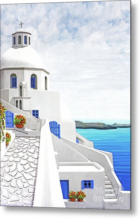 Santorini Metal Print featuring the painting THE FACE OF SANTORINI-prints of oil painting-Original-thinner view by Mary Grden