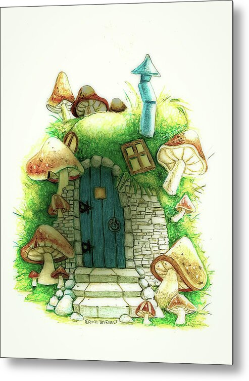 Green Metal Print featuring the drawing The green fairy house by Tim Ernst