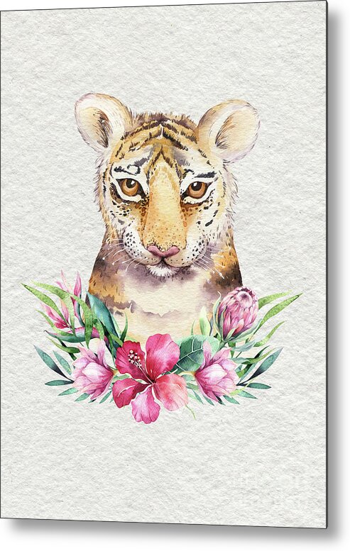 Tiger With Flowers Metal Print featuring the painting Tiger With Flowers by Nursery Art