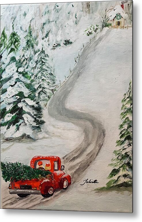 Red Truck Metal Print featuring the painting To Grandmothers House We Go by Juliette Becker