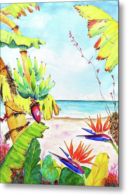 Tropical Metal Print featuring the painting Tropical Beach Garden Ocean View by Carlin Blahnik CarlinArtWatercolor