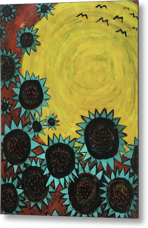 Sun Metal Print featuring the painting Turquoise Sunflowers by Cyndie Katz